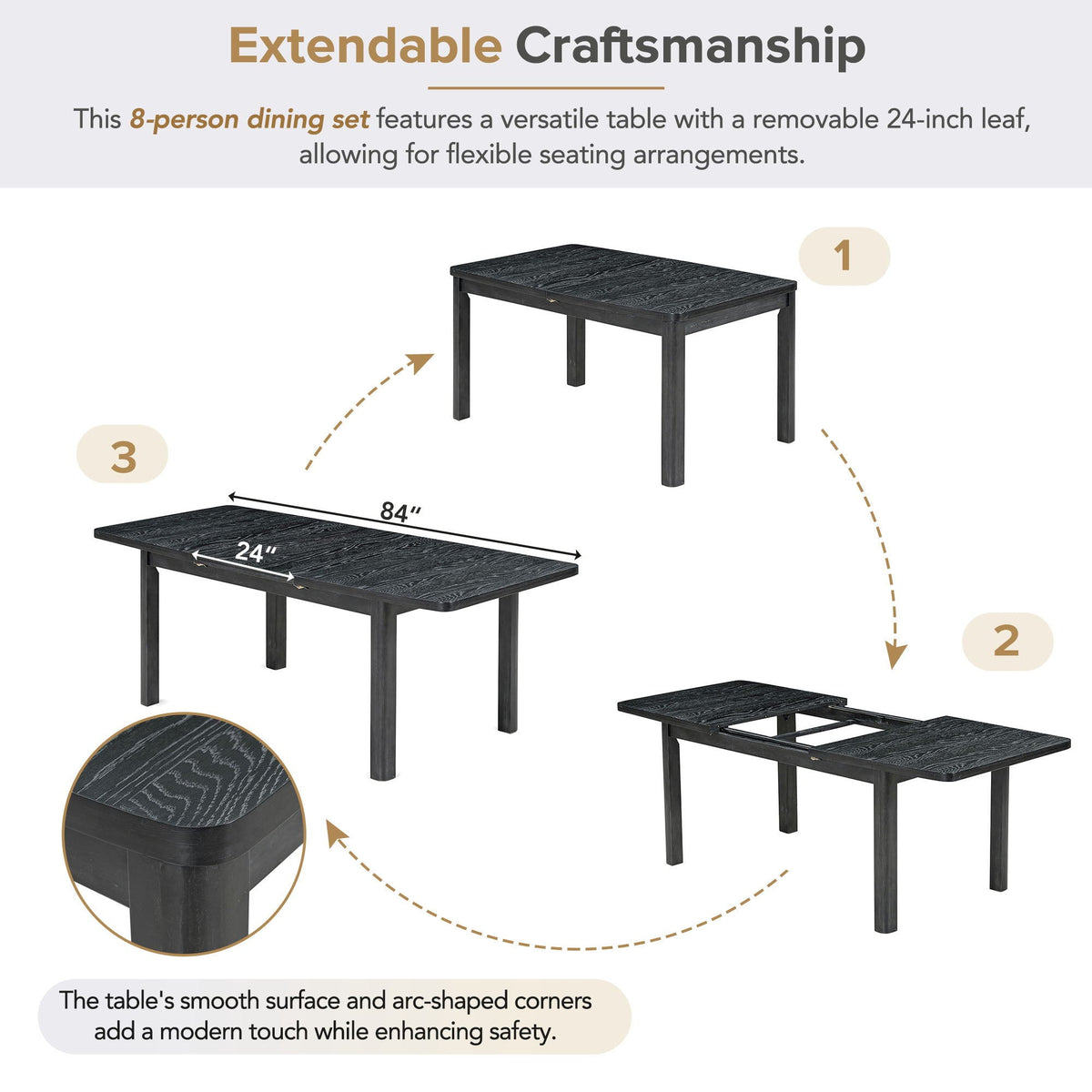 Topmax - Rustic Extendable Dining Table Set With Removable Leaf, 6 Upholstered Armless Dining Chairs And 2 - view 6
