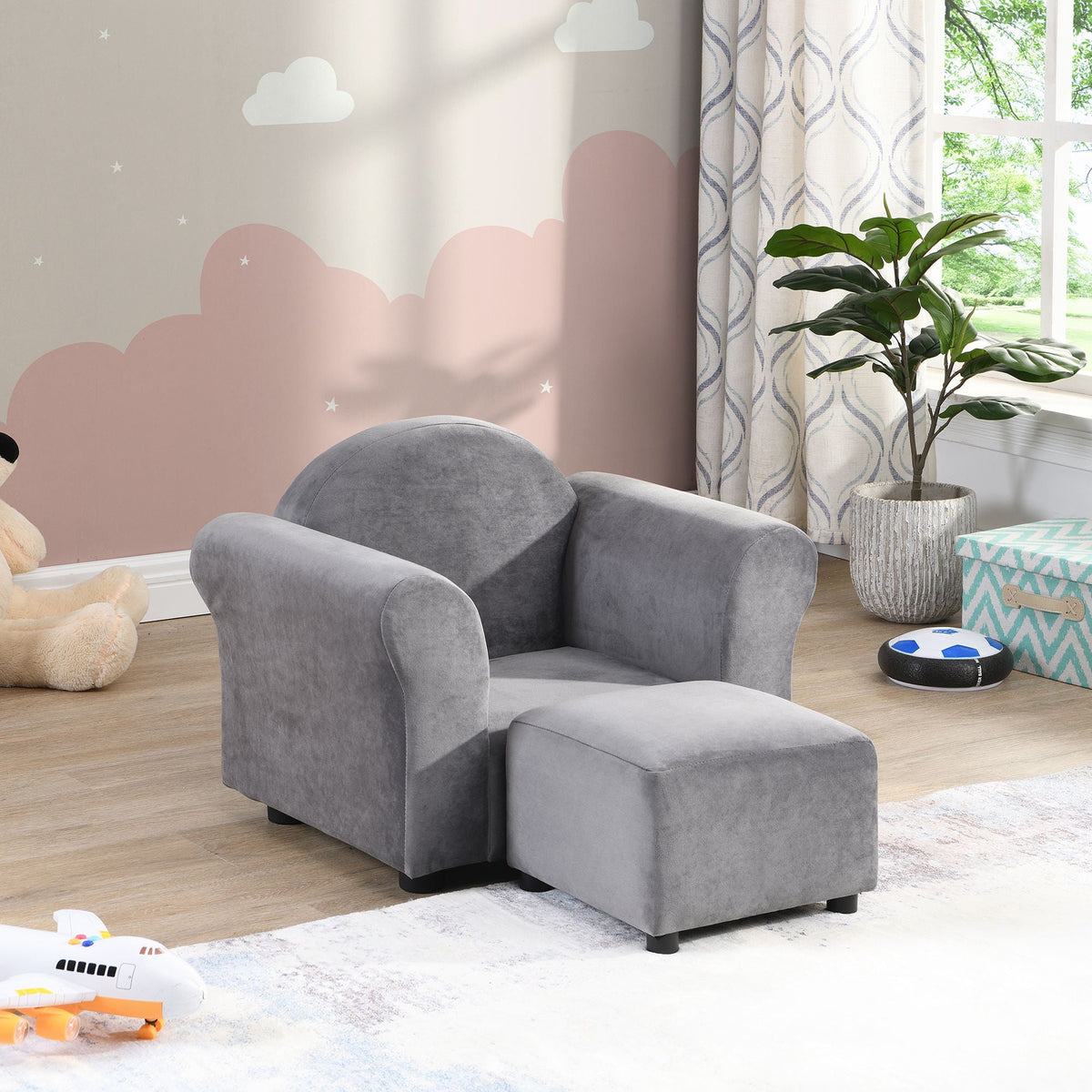 Kids Recliner Chair, Kids Upholstered Couch With Ottoman - Gray - view 7