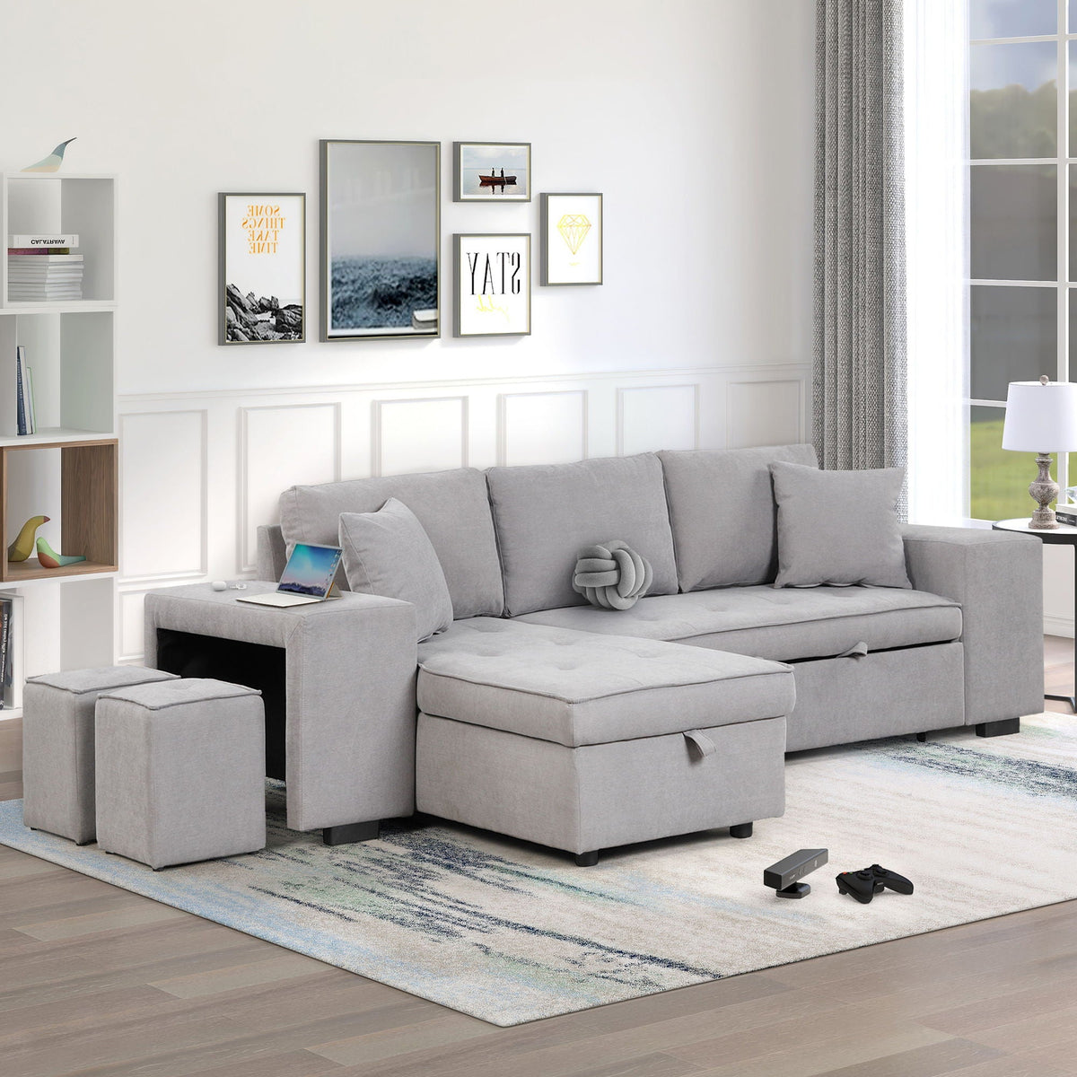 Modern L-Shape 3 Seat Reversible Sectional Couch, Pull Out Sleeper Sofa With Storage Chaise And 2 Stools For - view 13
