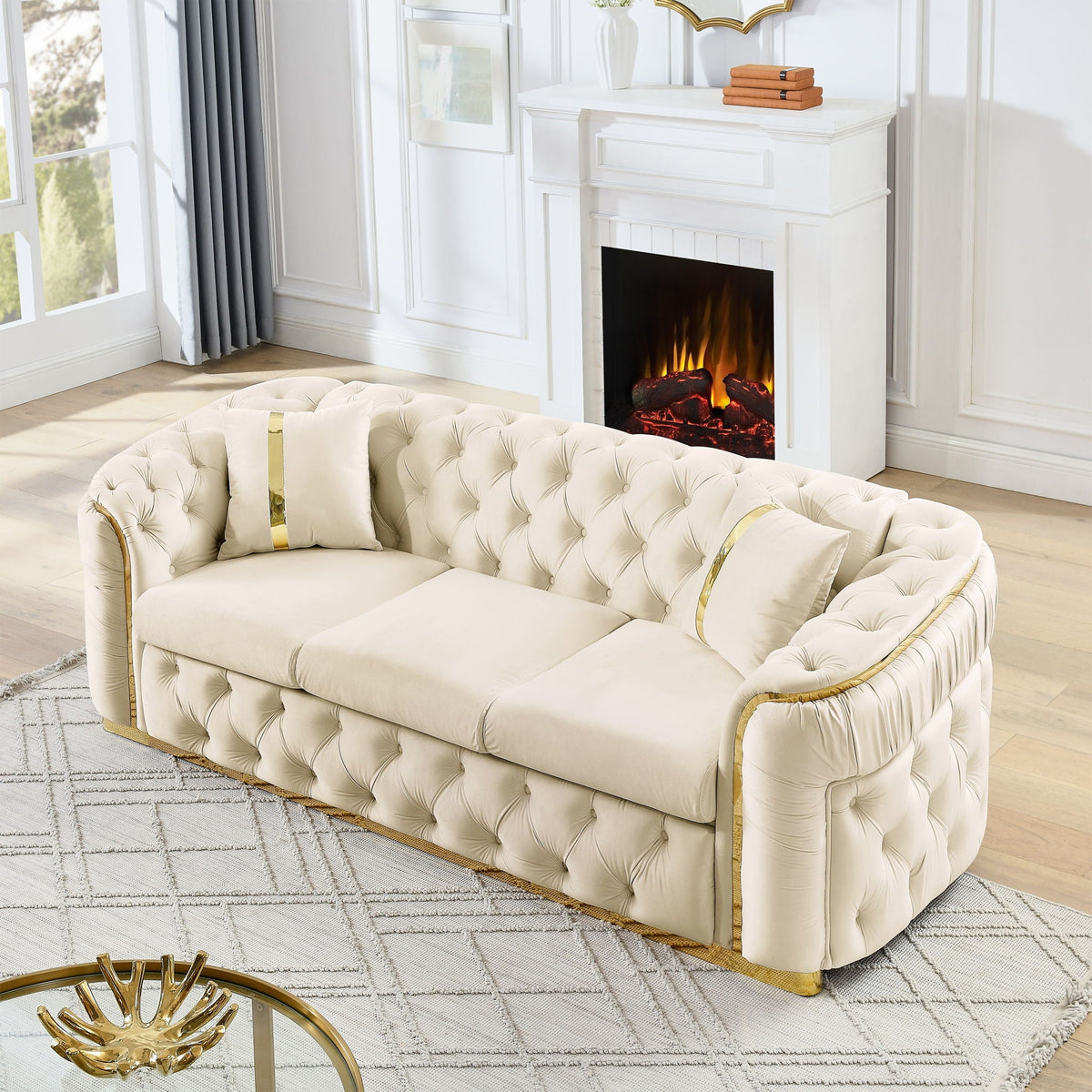 Button Tufted Couch With 2 Pillows, 3 Seater Luxury Chesterfield Sofa - view 12