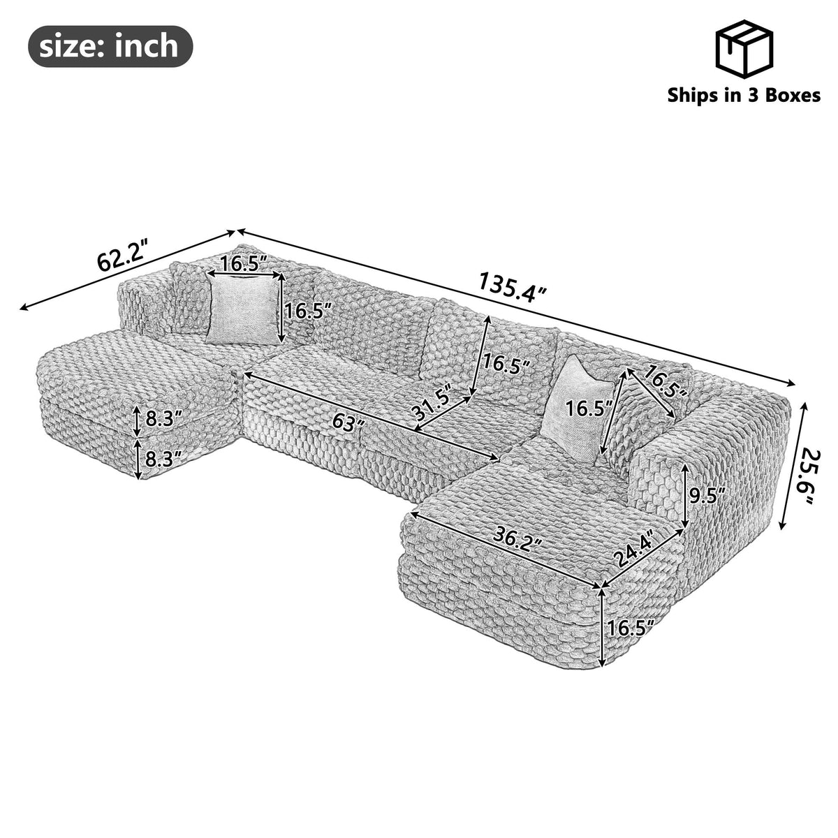 Modular Sectional Sofa, Boneless Couch With 2 Movable Ottomans - view 16