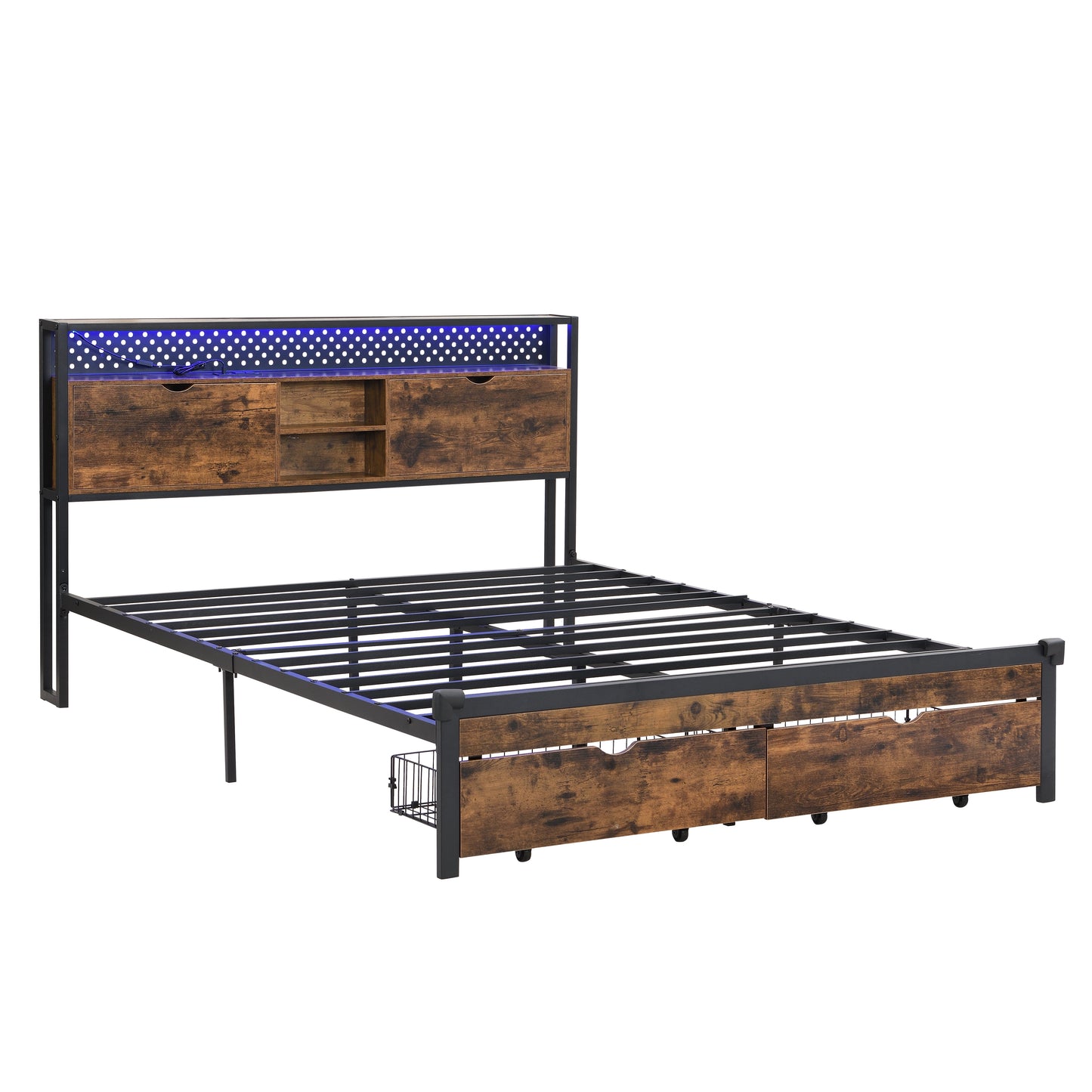King Size Metal Platform Bed Frame with Wooden Headboard