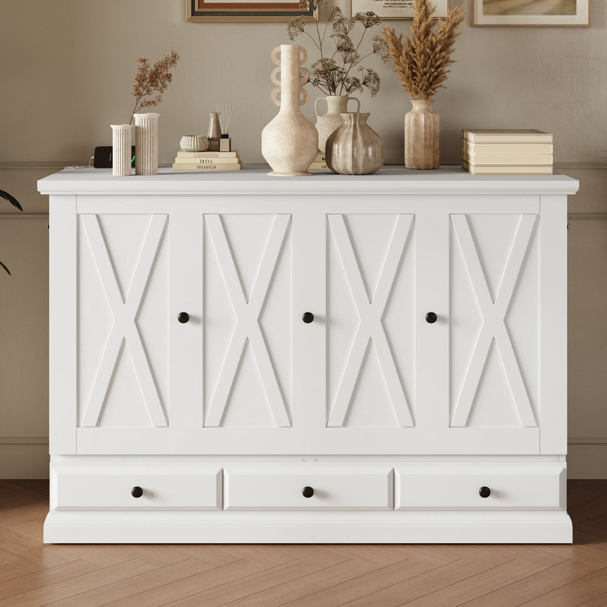 Solid Pine Murphy Bed Chest Cube Cabinet Bed With Charging Station And Large Storage Drawer For Home Office - view 12