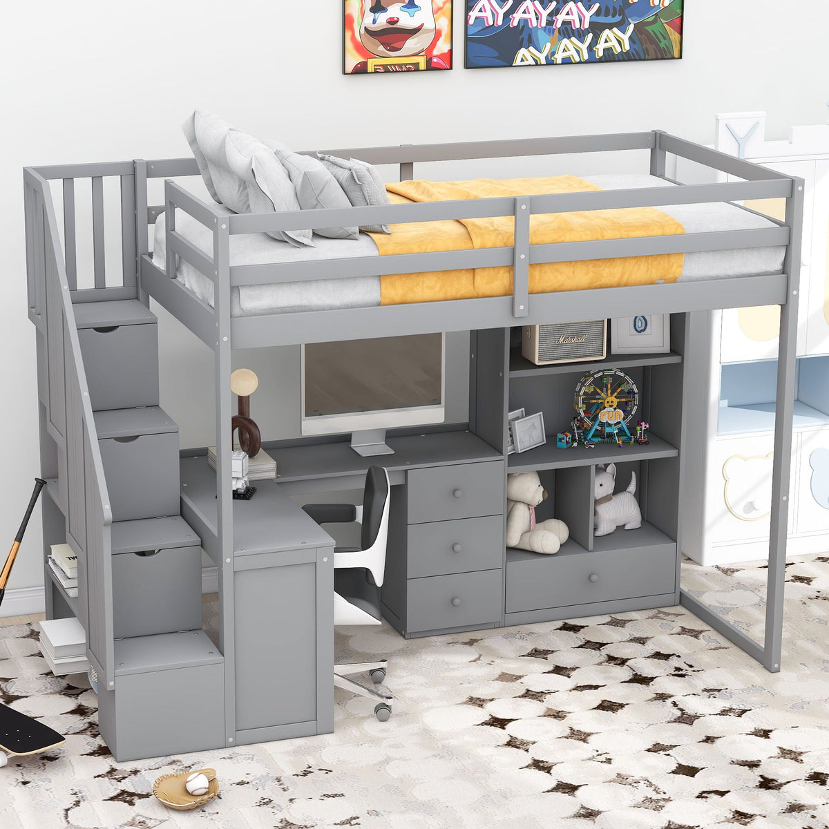 Loft Bed With L Shaped Desk, Drawers, Cabinet, And Storage Staircase - view 8