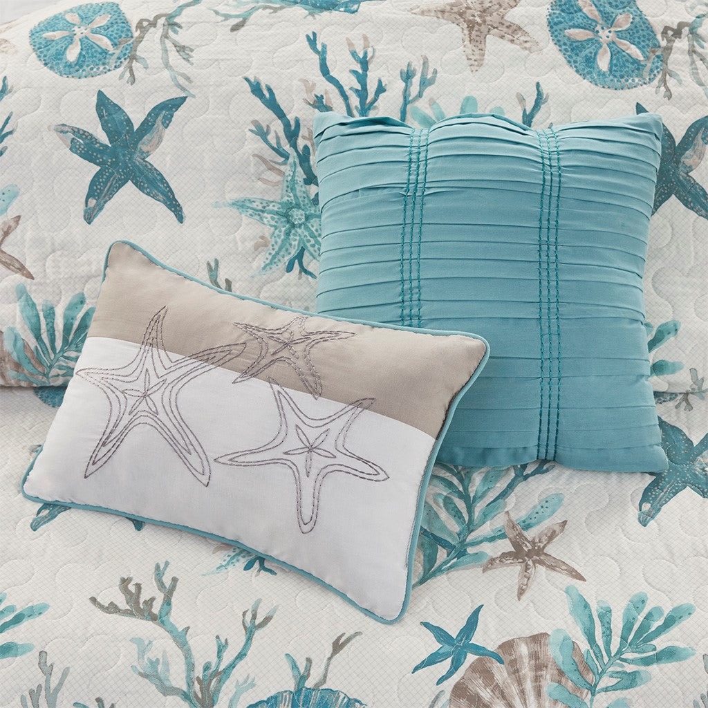 6 Piece Cotton Sateen Quilt Set with Throw Pillows Aqua - King/Cal King