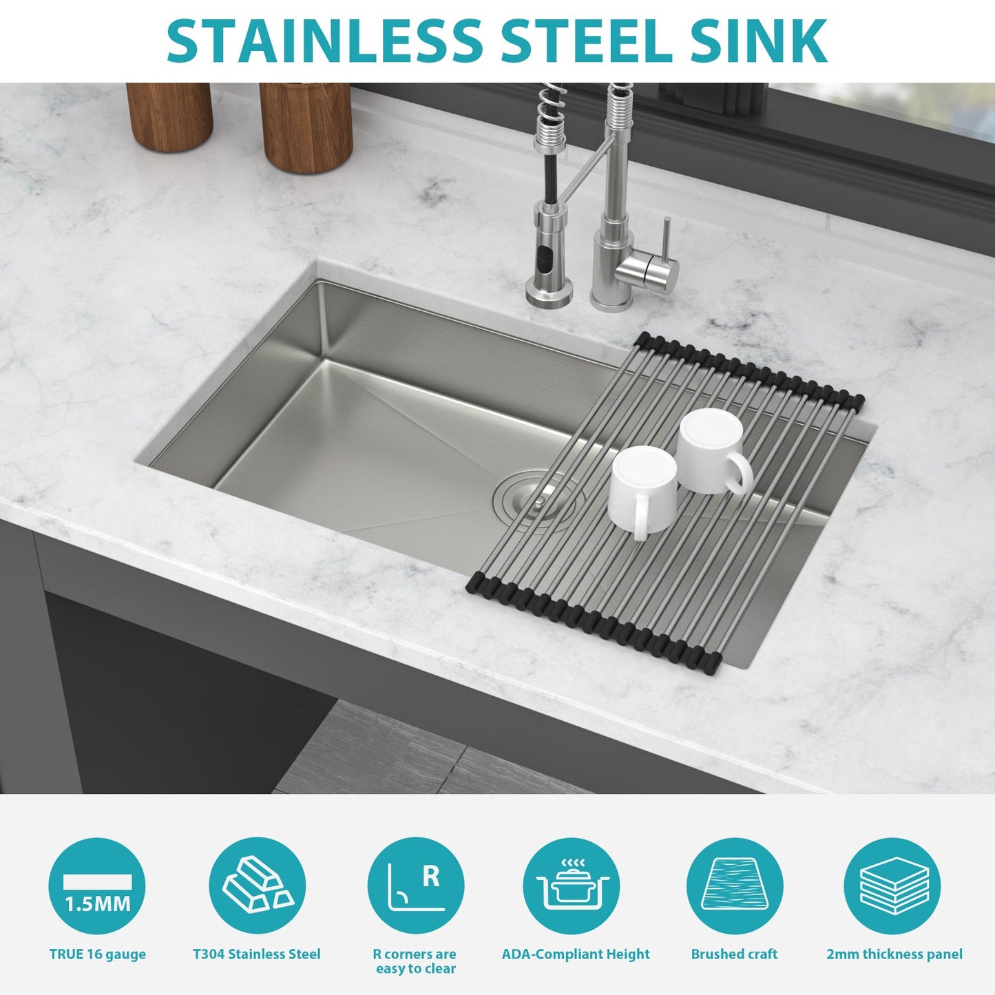 30 Inch ADA-Compliant Kitchen Sink - Undermount Single Bowl