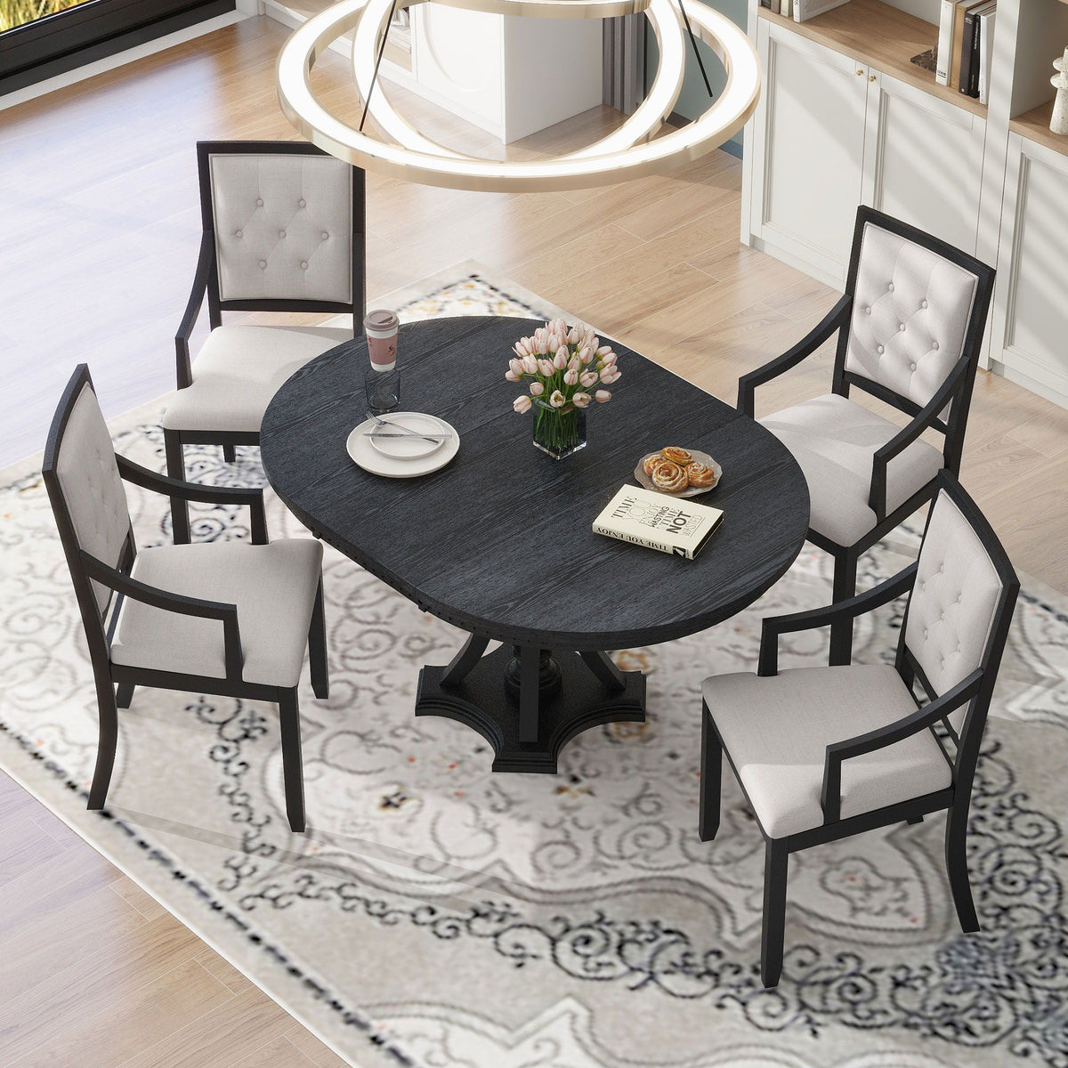 5 Piece Dining Set Extendable Round Table And 4 Chairs - Black / Oak - view 4