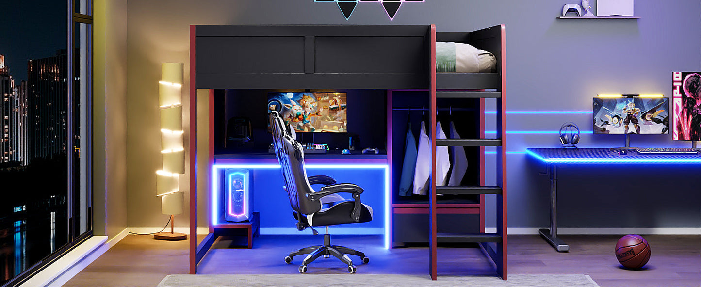 Wood Full Size Gaming Loft Bed with Built-in Desk, Wardrobe, LED and Drawer