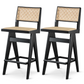 Keira Mid-Century Rattan Bar Stool Set of 2 with Leather Seat