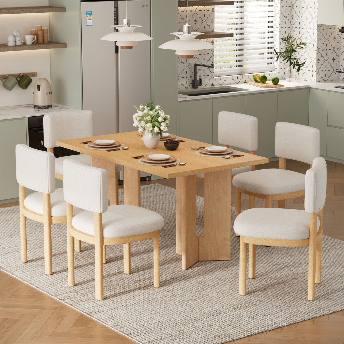 Dining Table Set With 6 Upholstered Chairs, Rectangular Table With Cutout Legs - view 9
