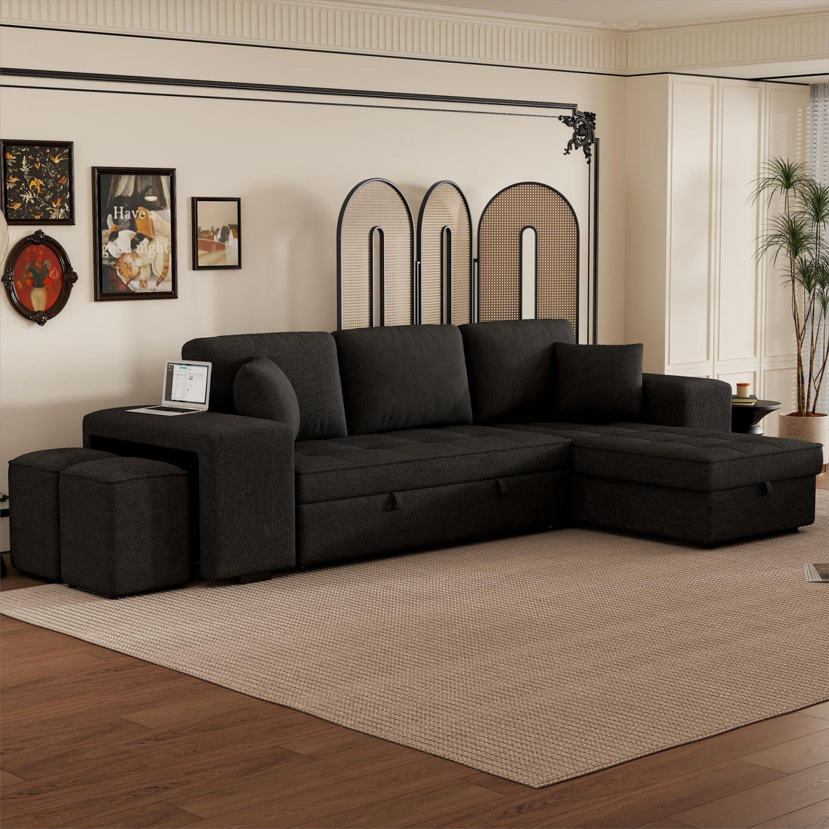 Modern L-Shape 3 Seat Reversible Sectional Couch, Pull Out Sleeper Sofa With Storage Chaise And 2 Stools For - view 15