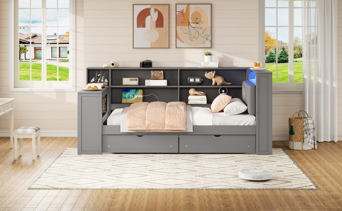 Wood Twin Size Platform Bed with Storage Shelves and Charging Station