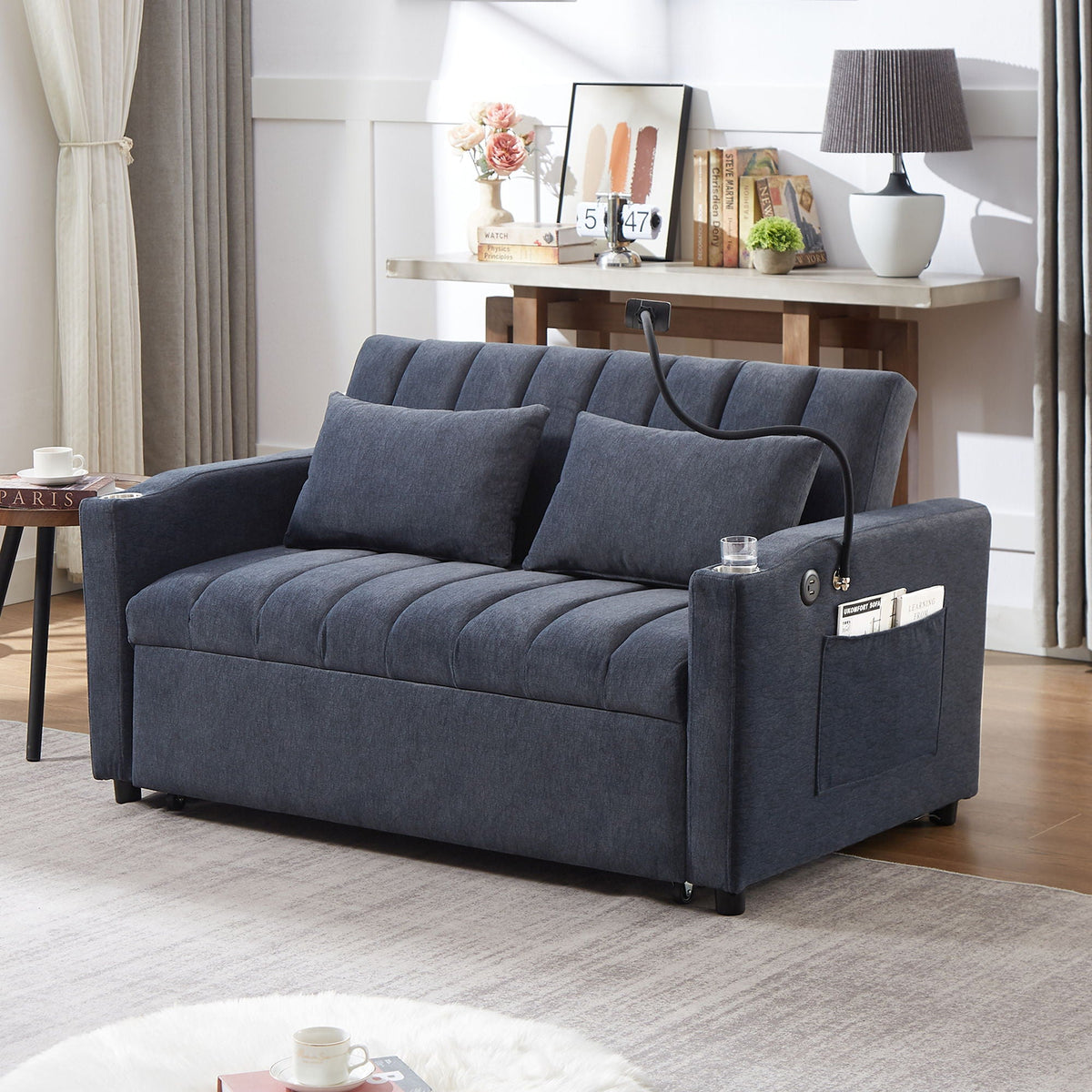 Convertible Sofa Bed Loveseat Sofa With Three USB Ports, Two Side Pockets, Two Cup Holders And 360° swivel - view 8