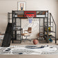 Full Size Metal Loft Bed with Built-in Desk, Open Wardrobe, Basketball Hoop, Slide and Staircase