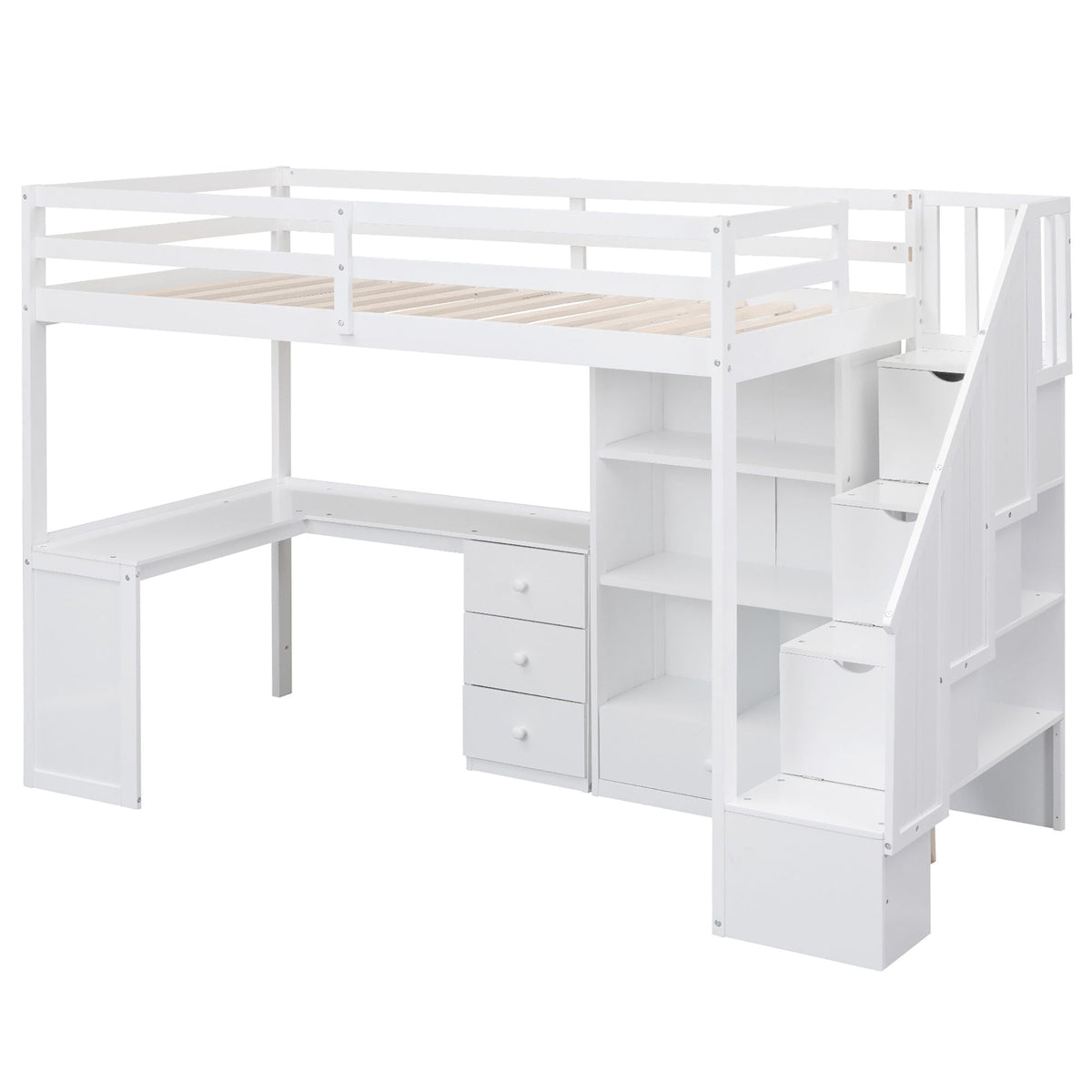 Loft Bed With L Shaped Desk, Drawers, Cabinet, And Storage Staircase - view 2