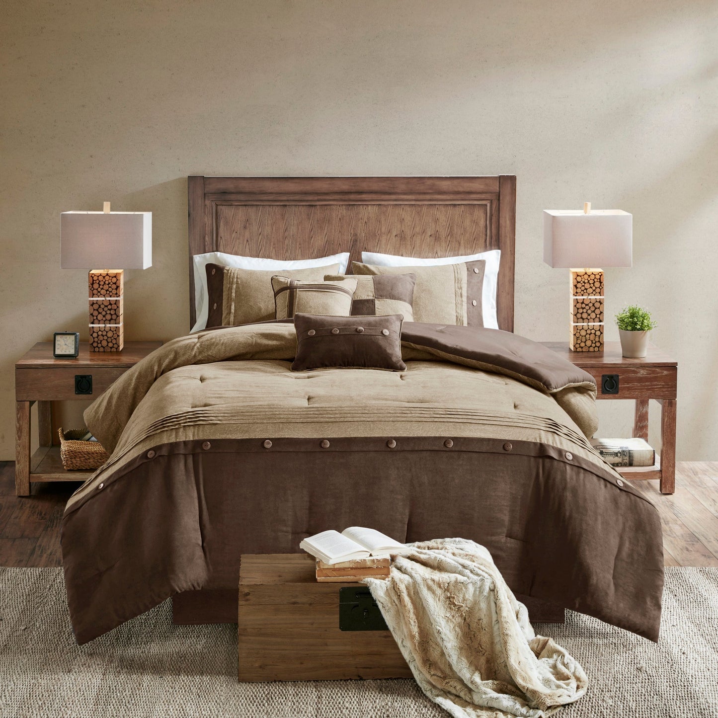 7 Piece Faux Suede Comforter Set Brown Queen