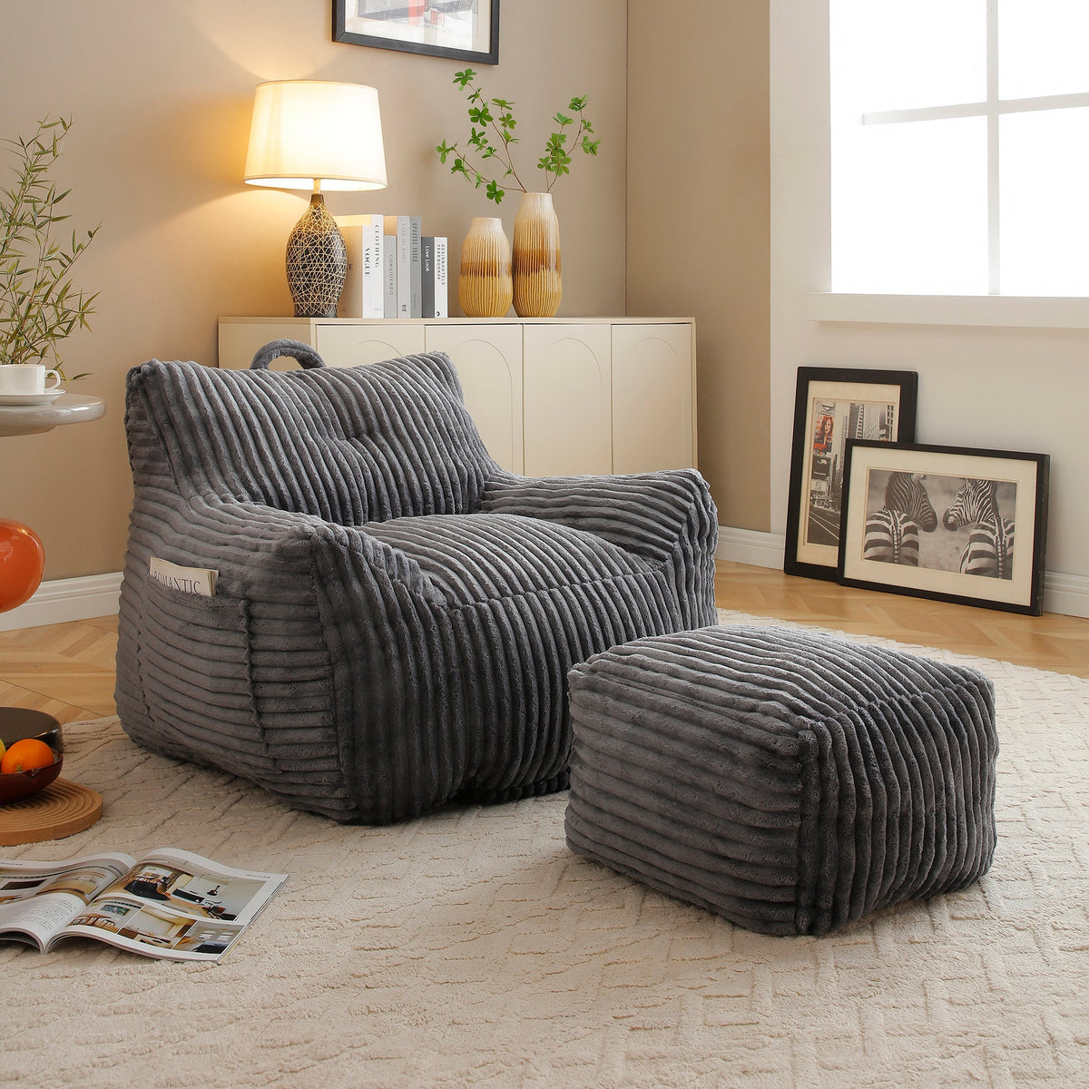 Giant Plush Bean Bag Chair for Adults with Armrests and Footstool