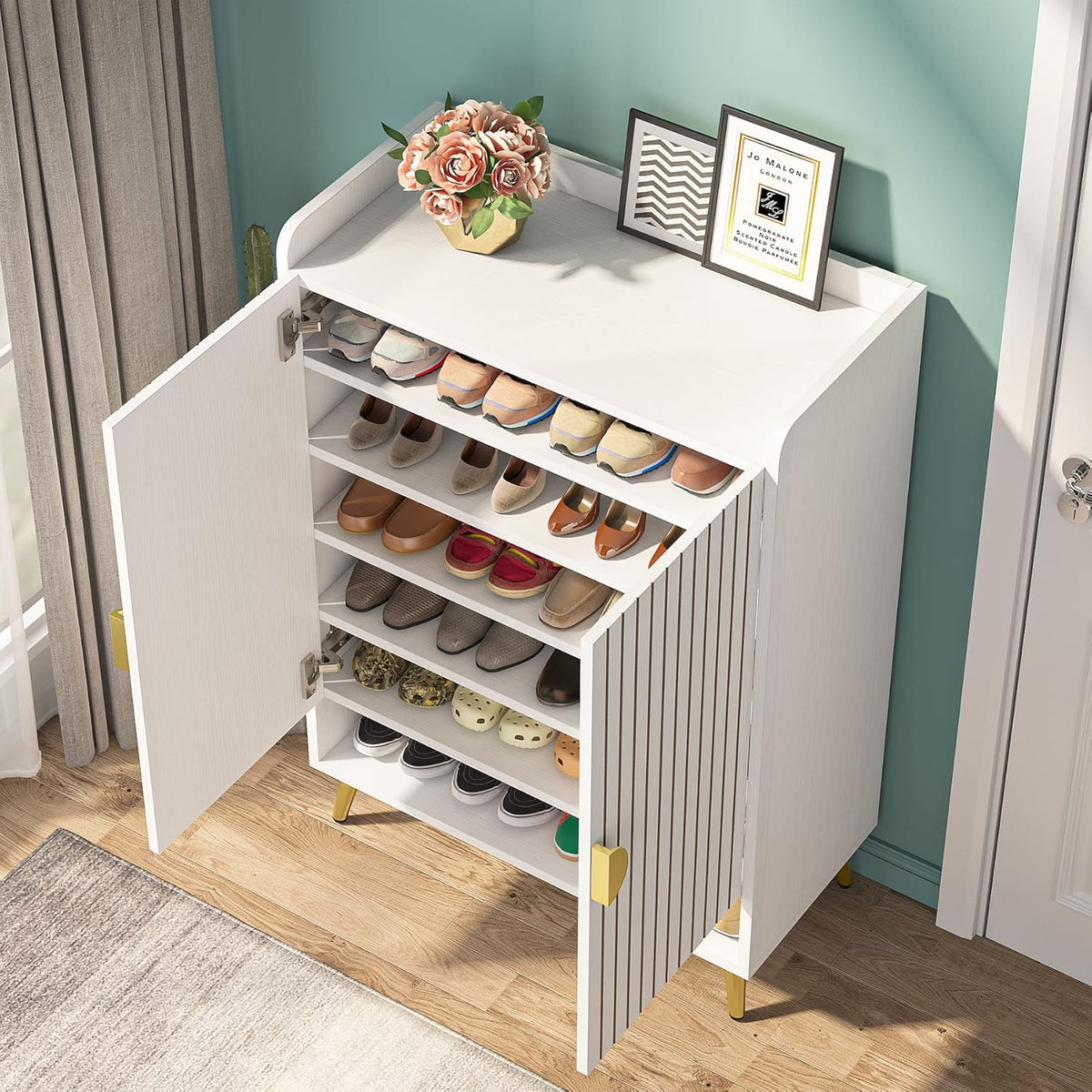 29.6" White and Gold Shoe Cabinet