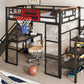 Full Size Metal Loft Bed with Built-in Desk, Open Wardrobe, Basketball Hoop, Slide and Staircase