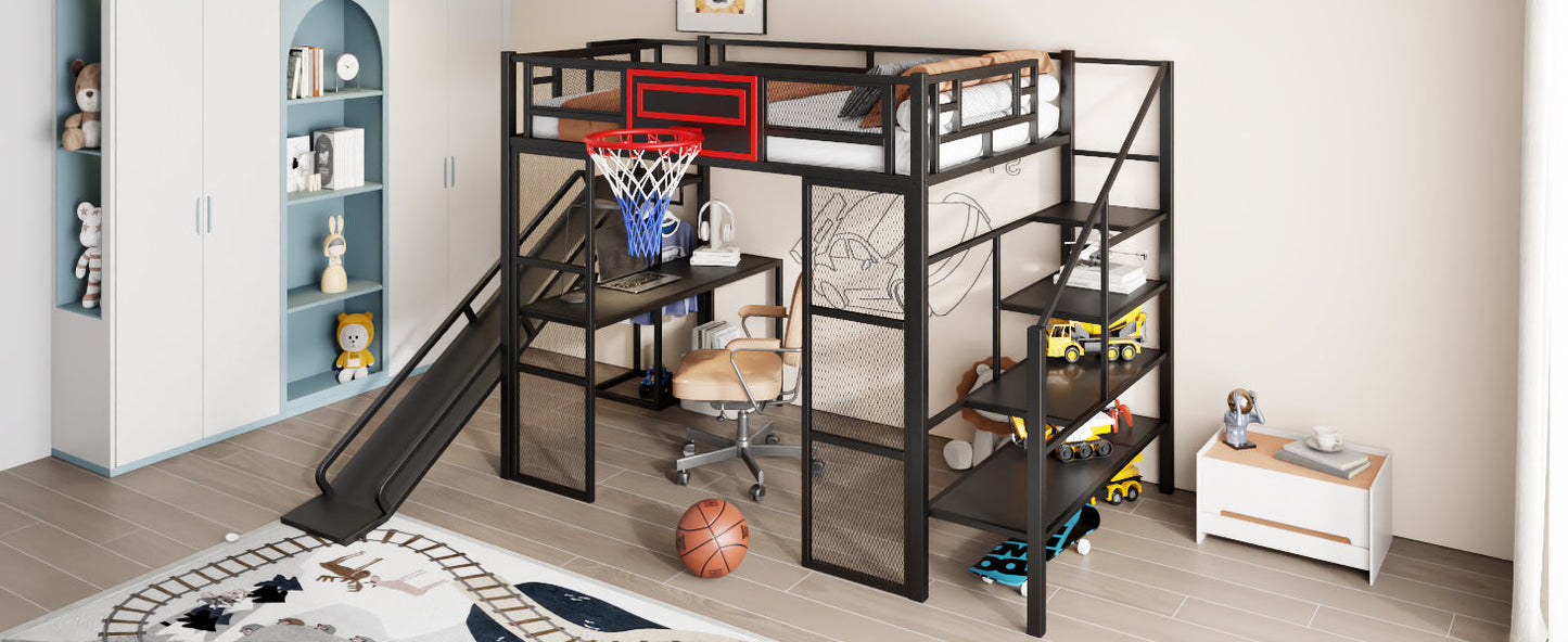 Full Size Metal Loft Bed with Built-in Desk, Open Wardrobe, Basketball Hoop, Slide and Staircase