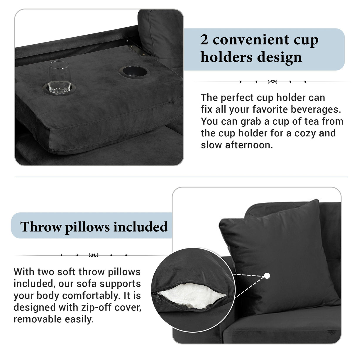 Modern Sectional Sofa With Storage Ottoman, L - Shape Couch With 2 Pillows And Cup Holders - view 9