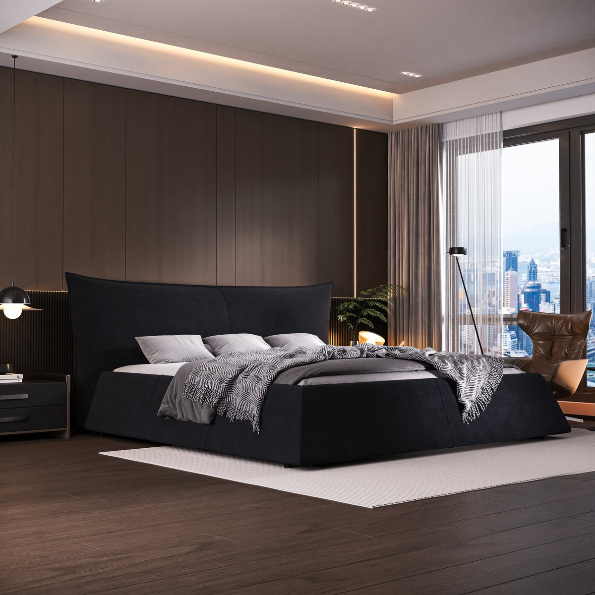 Queen Size Upholstered Platform Bed with Special Shaped Velvet Headboard