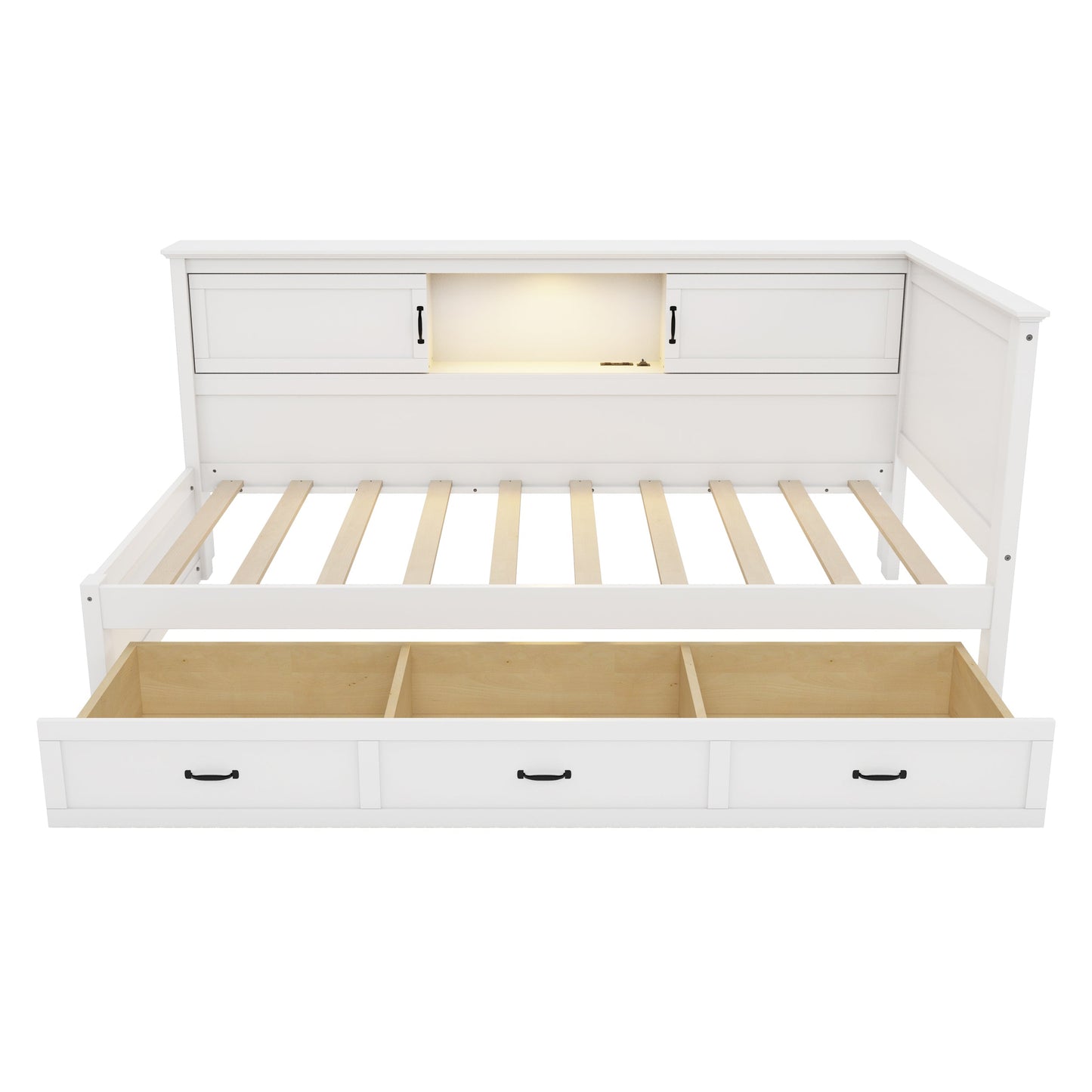 L-Shaped Bed Frame with Drawer and Bookcase