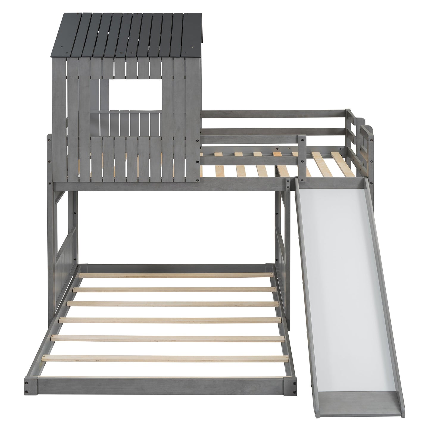 Wooden Twin Over Full Bunk Bed with Playhouse