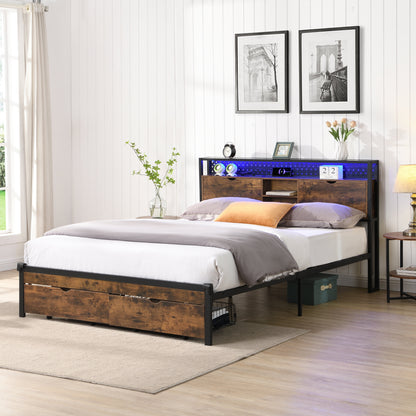 Full Size Metal Platform Bed Frame with Wooden Headboard and USB Charging