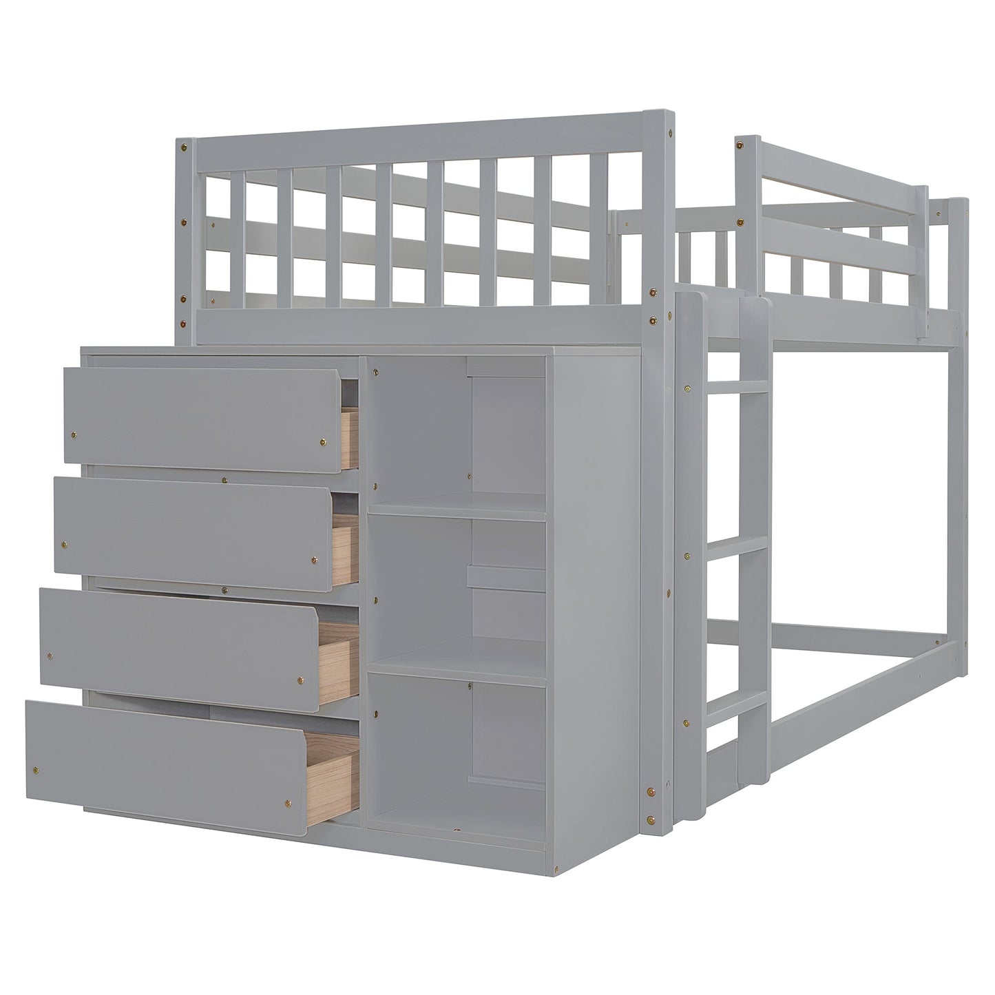 Twin Over Twin Bunk Bed with 4 Drawers and 3 Shelves - Gray