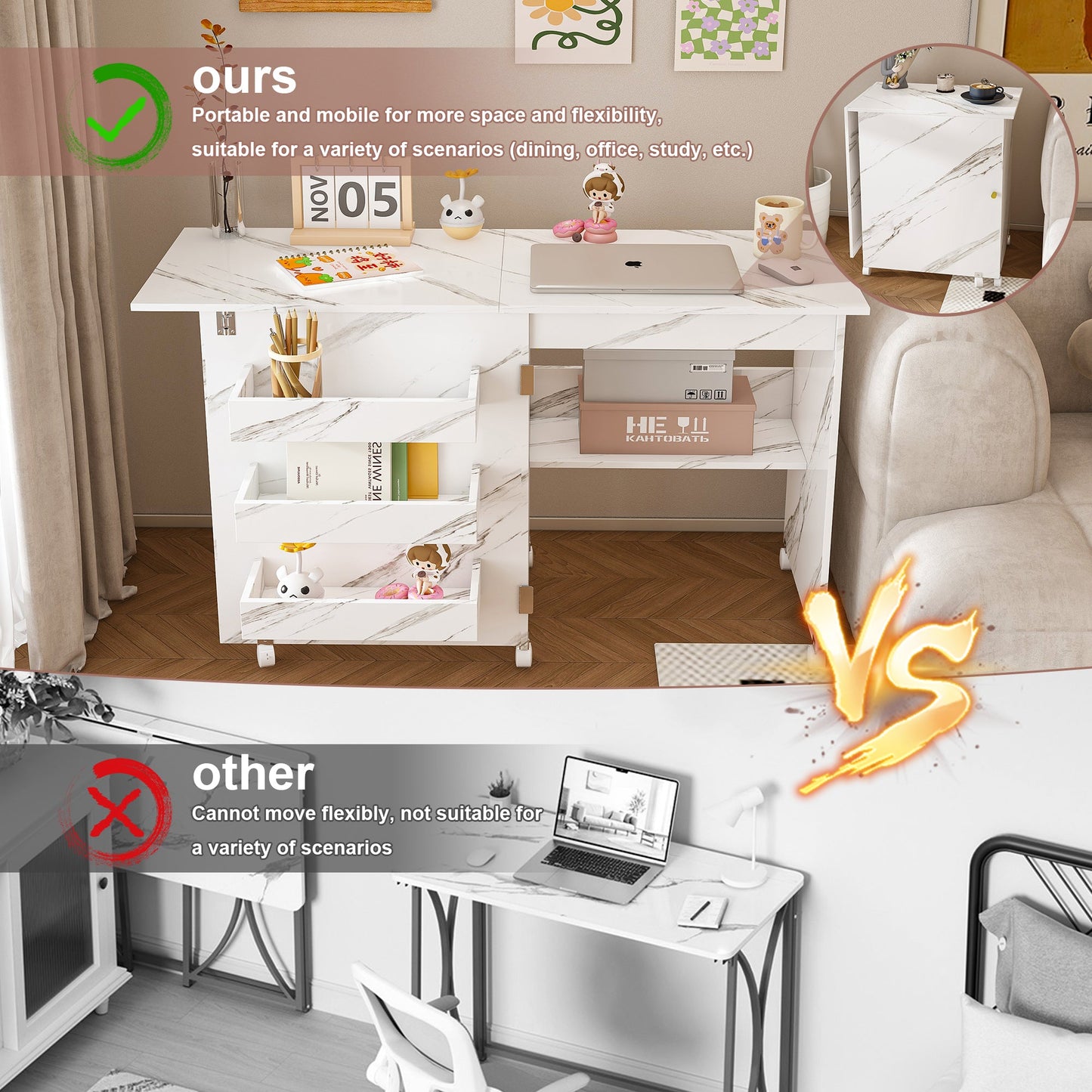 4-in-1 Folding Sewing Table with Lockable Wheels