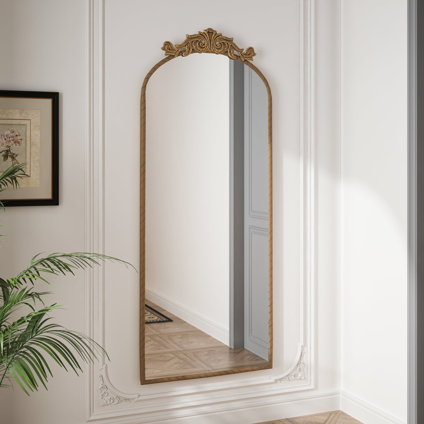 58"x24" Arched Full Body Mirror with Vintage Ornate Carving