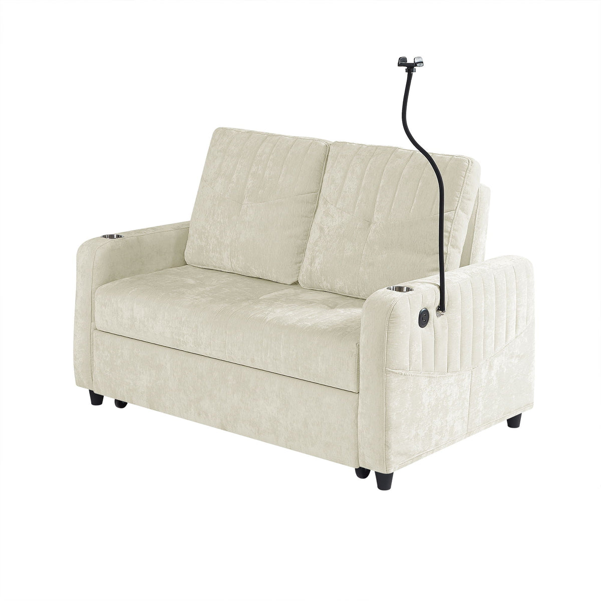 Modern Loveseat Pull Out Sofa Bed With Adjustable Backrest, Two Cup Holders, A Phone Holder, Three Charging