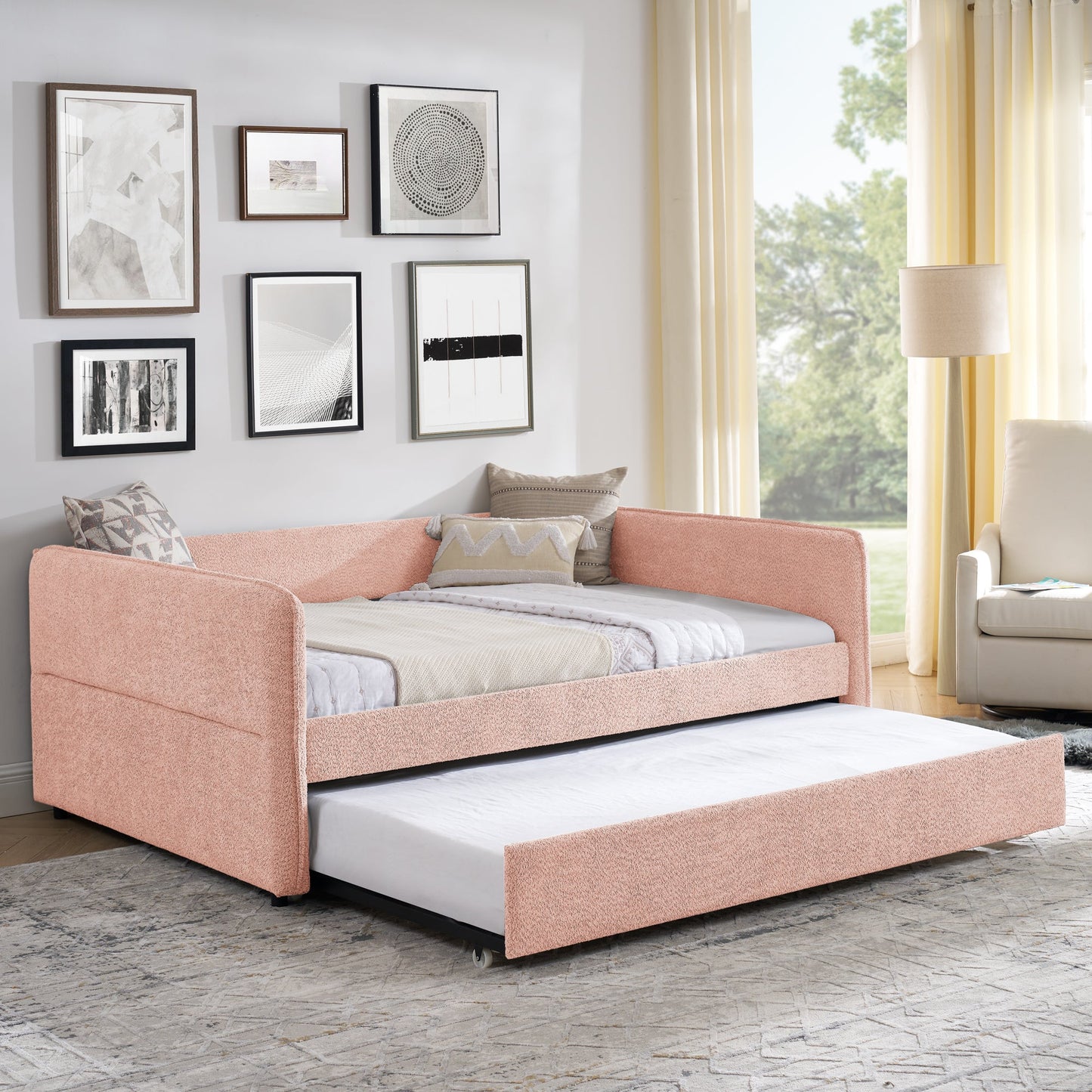 Full Size Daybed with Twin Size Pop-up Trundle Upholstered Tufted Sofa Bed