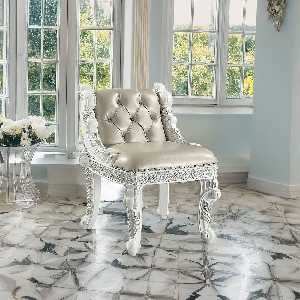 Vanaheim - Vanity Stool - Beige Synthetic Leather & Antique White