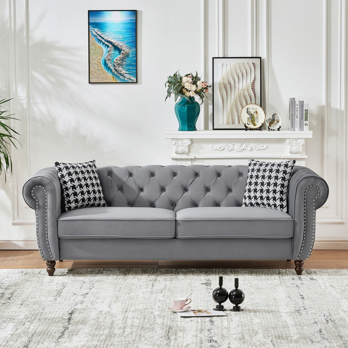 Chesterfield Upholstery Fabric Sofa With Roll Armrest & Nailhead, Mid Century Modern 3 And 3 Seater Couch - view 5