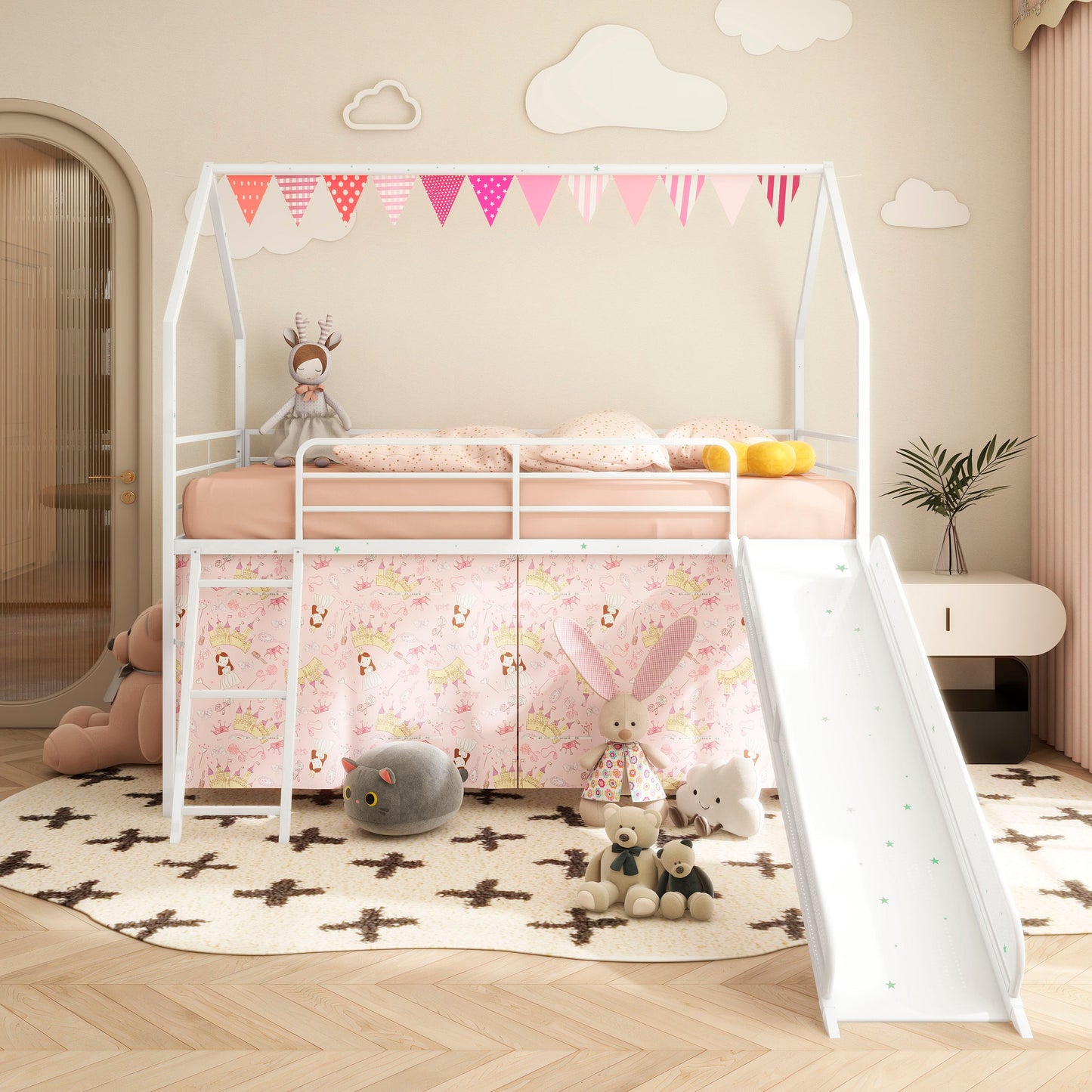 Jack Metal Junior House Twin Loft Bed with Slide and Curtain Set