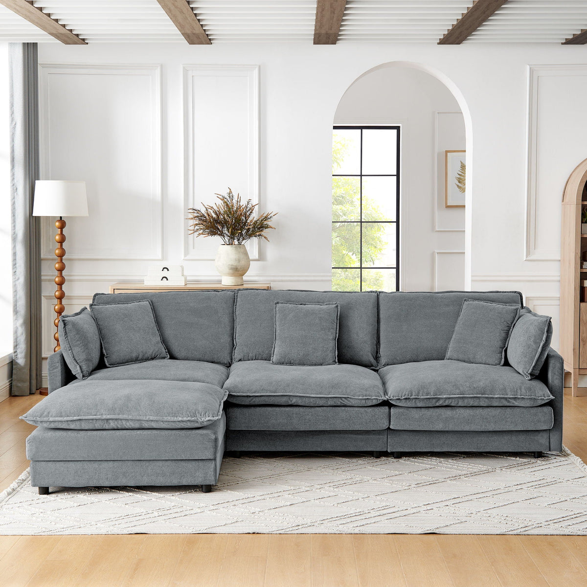 L-Shaped Sectional Sofa With Ottoman, Convertible 4 Seater Couch - view 8
