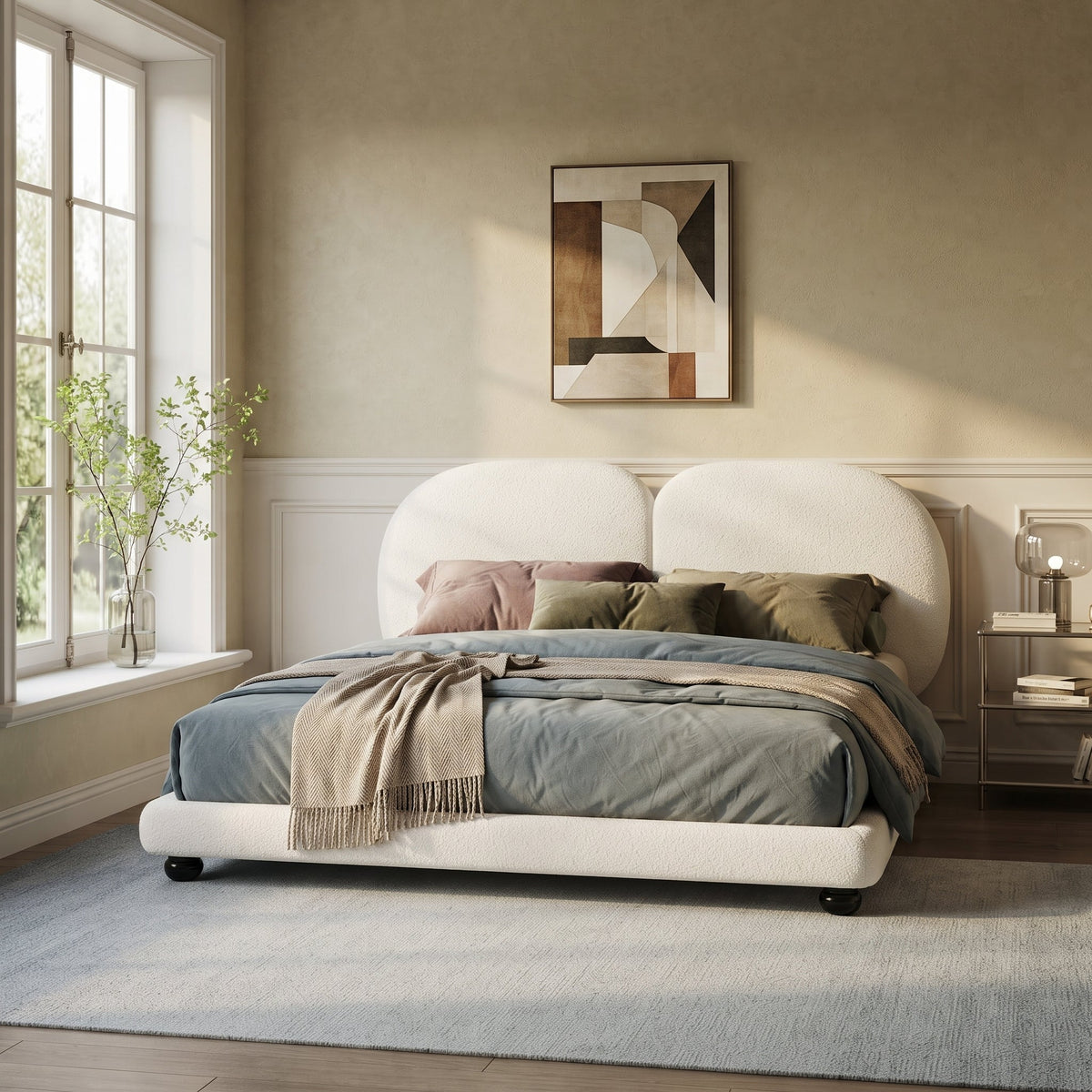 Extra Thick Upholstered Platform Bed Frame with Teddy Fleece - White