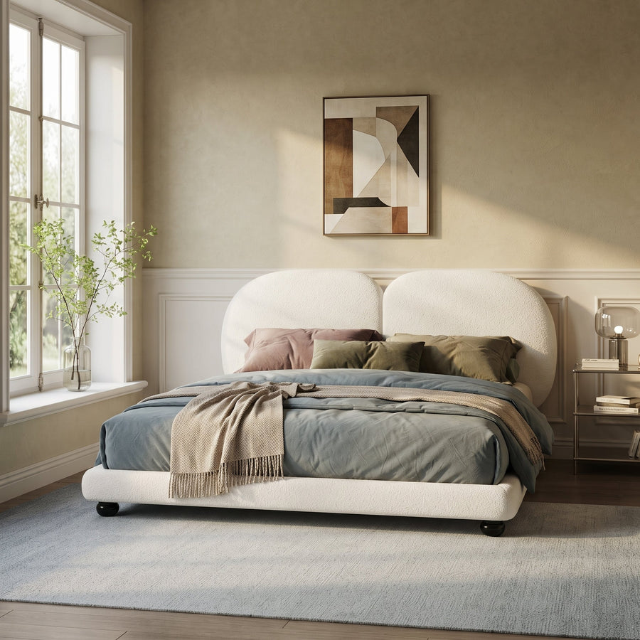 Extra Thick Upholstered Platform Bed Frame with Teddy Fleece - White