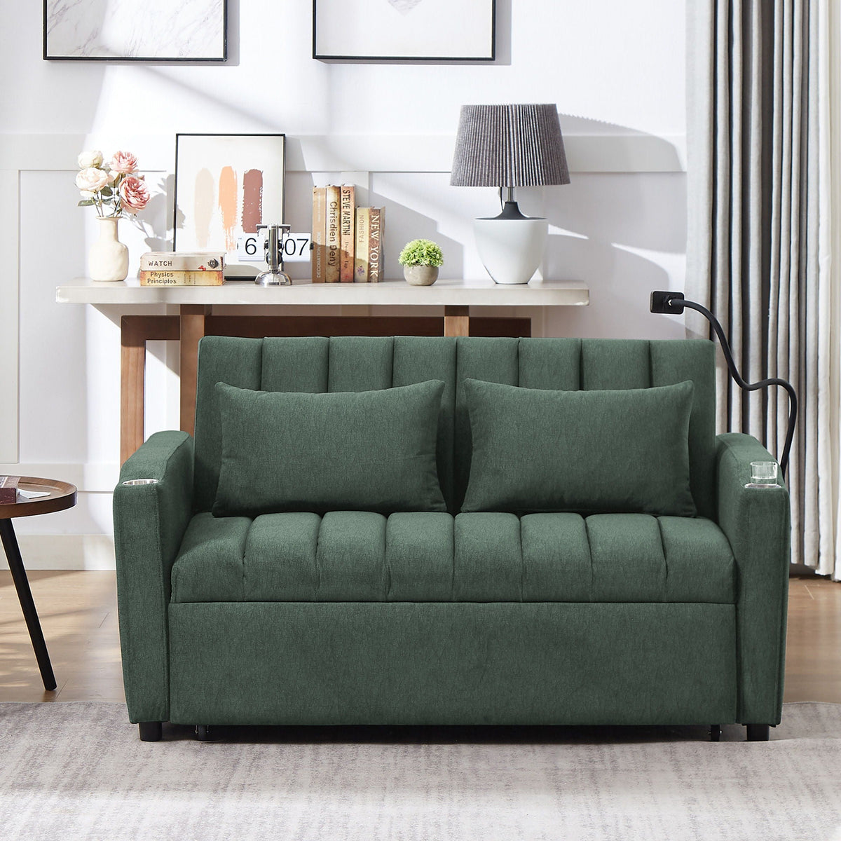Convertible Sofa Bed Loveseat Sofa With Three USB Ports, Two Side Pockets, Two Cup Holders And 360° swivel