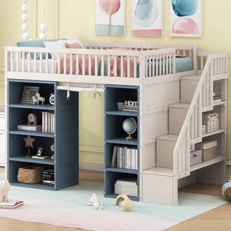 Full Size Loft Bed with 2 Four-layer Storage Cabinets and Curtain