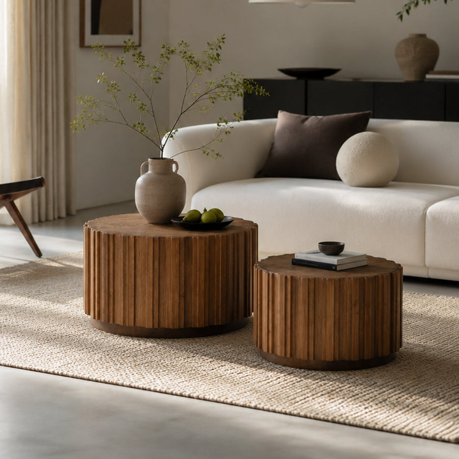 Round Nesting Coffee Table Set of 2 with Vertical Slatted Design - Walnut Brown or Natural Wood
