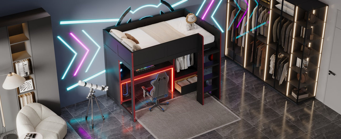 Wood Twin Size Gaming Loft Bed with Built-in Desk, Wardrobe, LED and a Drawer