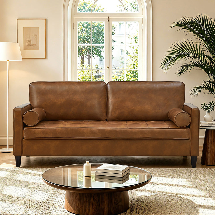 Classic Design Leather Couch with Tufted Seat Cushion - Faux Leather