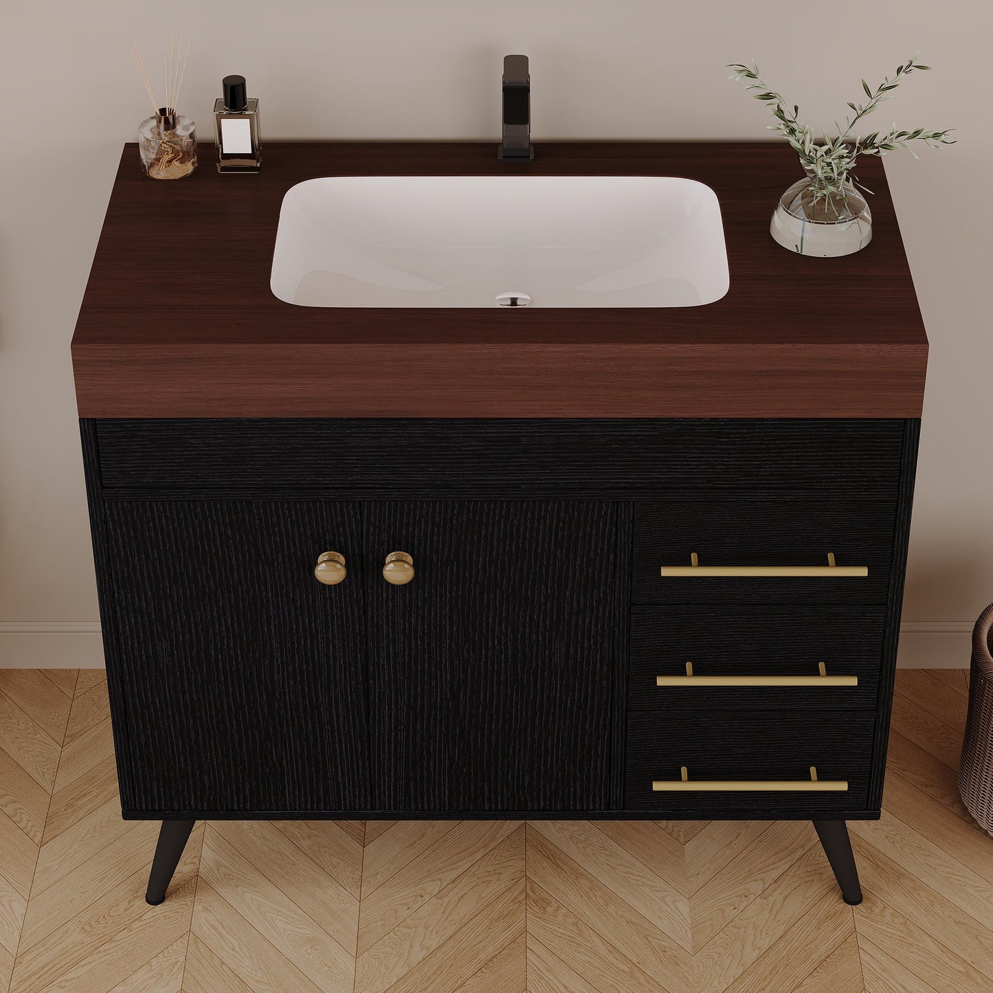 36" Freestanding Bathroom Vanity with Ceramic Sink and Faux Marble Top