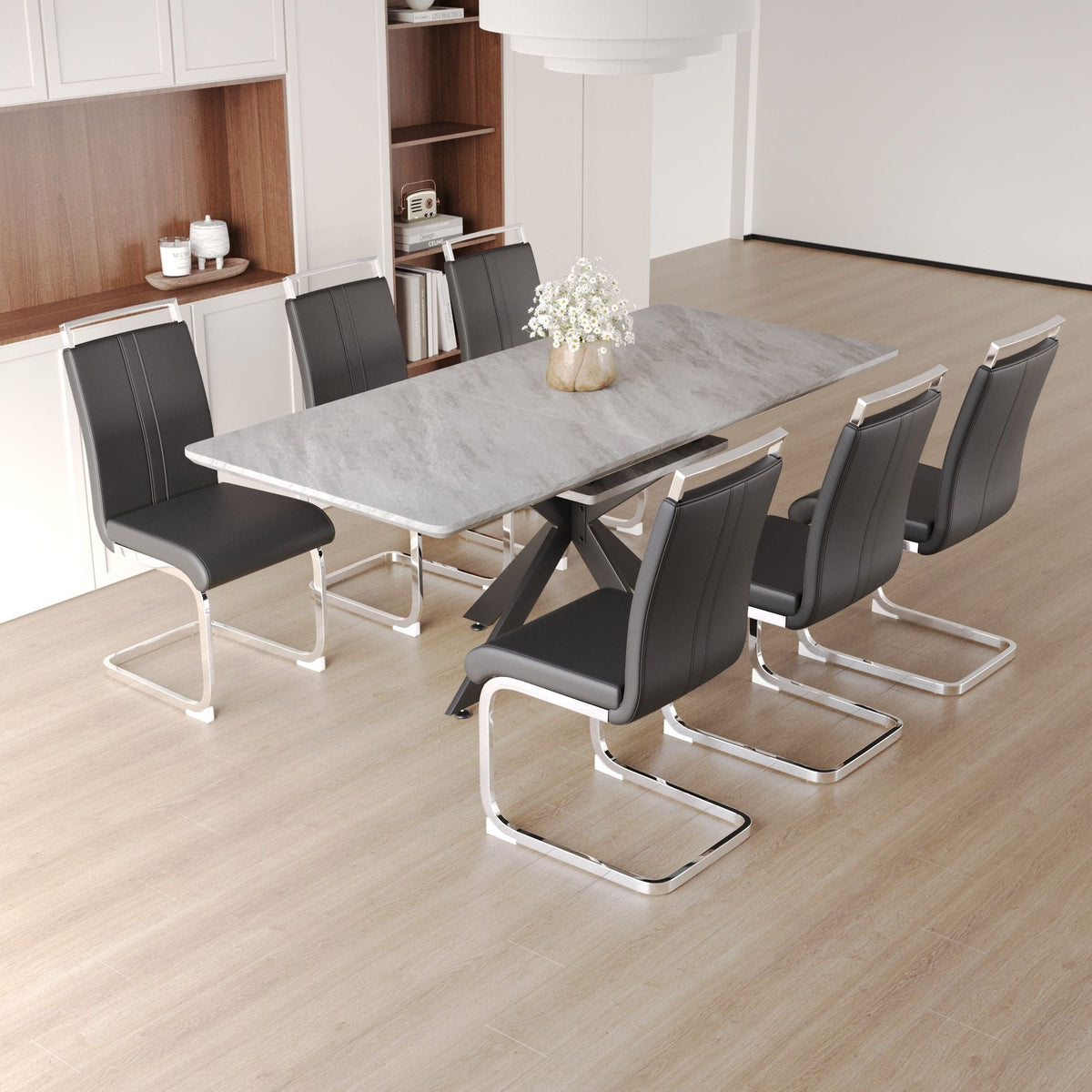 Modern Extendable Dining Table Set For 6 - 8 - Black / Gray - view 6