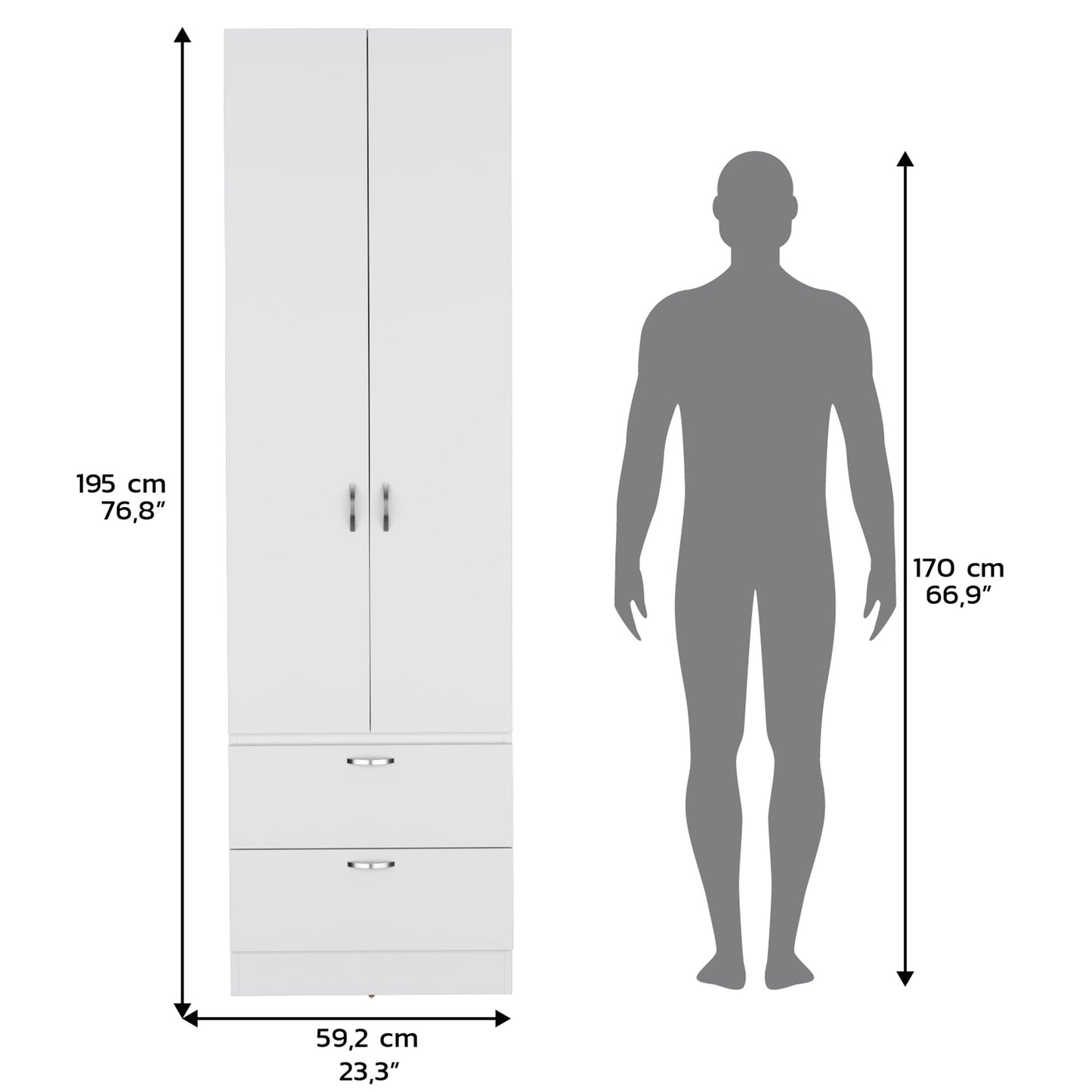 Armoire Wardrobe 76" H, Hanging Rod, 2 Drawers, 1 Shelf