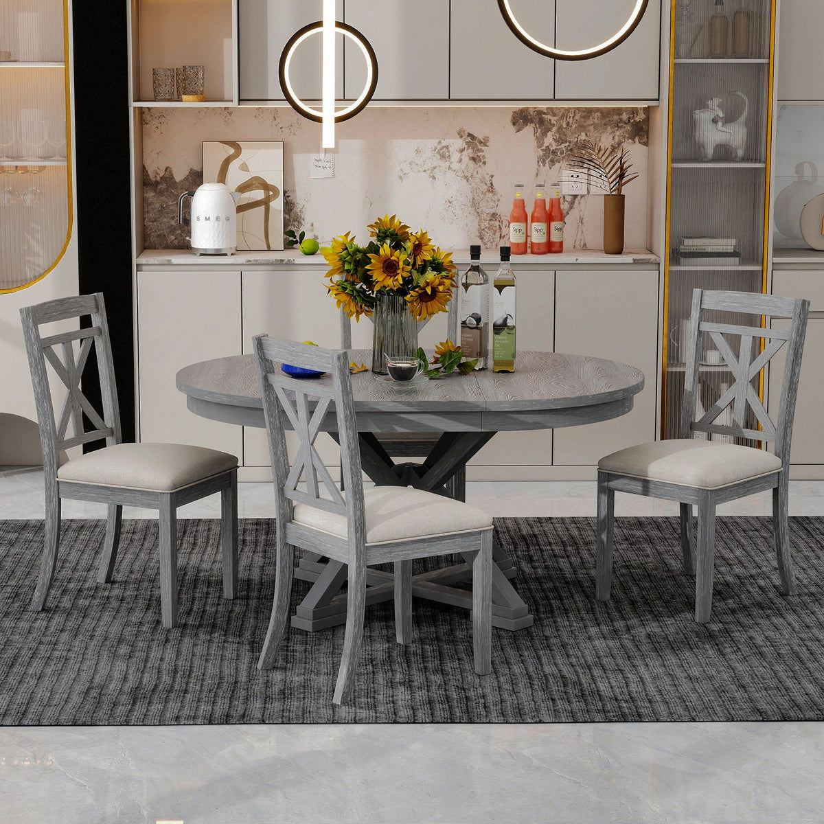 Dining Set With Extendable Round Table And 4 Upholstered Chairs - view 9