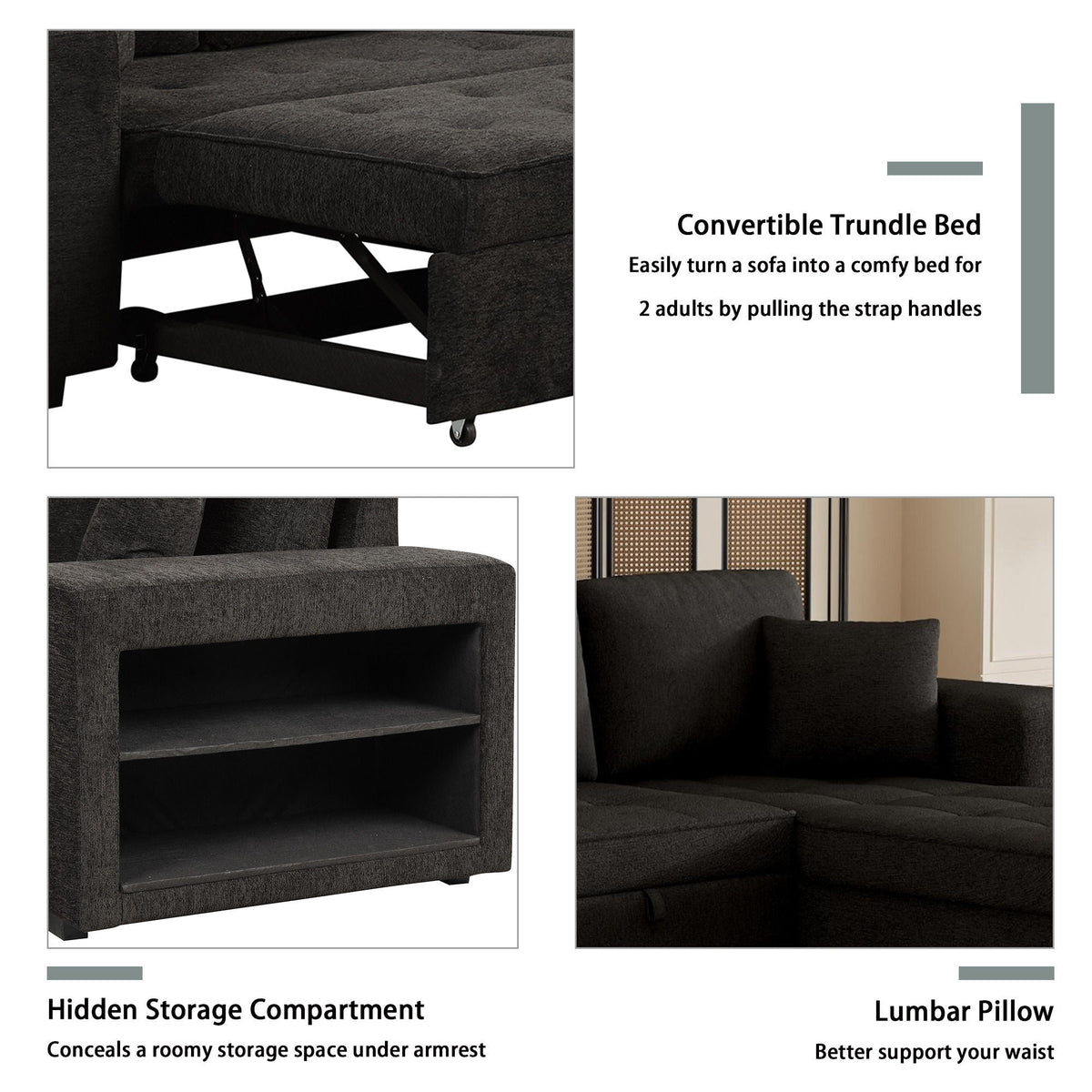 Modern L-Shape 3 Seat Reversible Sectional Couch, Pull Out Sleeper Sofa With Storage Chaise And 2 Stools For - view 16
